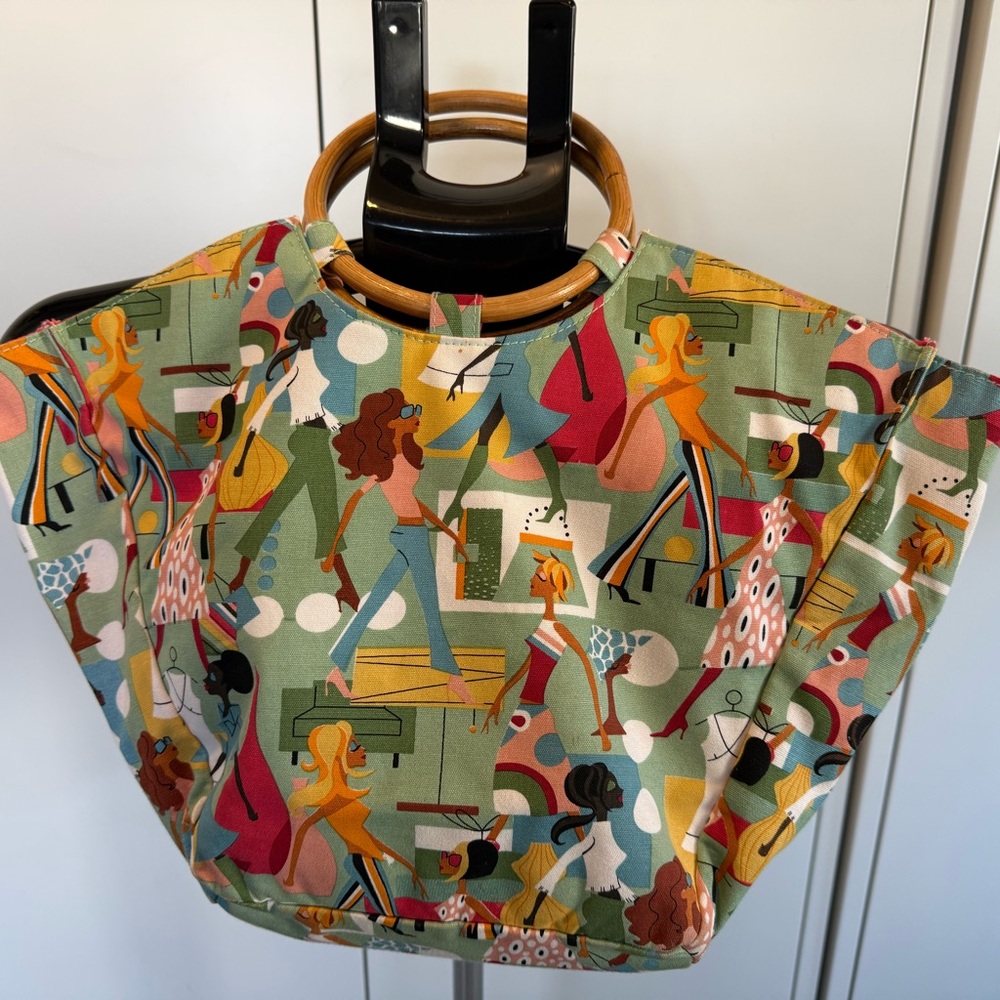 Neiman Marcus RARE Colorful Patterned Women Bag with Wooden Handles